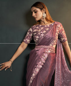 Partywear Purple Silk Crepe Fusion Saree with Belt
