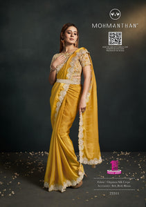 Haldi Wear Organza Crepe Yellow Sari with Belt