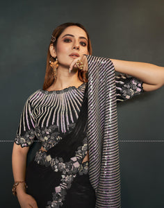 Bachelorette Partywear Black Crepe Saree with Belt