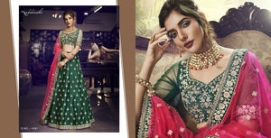 Bright Nakkashi NAK4161 Bridal Green Handloom Silk Pink Net Lehenga Choli - Fashion Nation