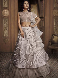 Trend Setter Indo Western TH067 Designer Cocktail Wear Silver Satin Silk Net Lehenga Style Gown - Fashion Nation