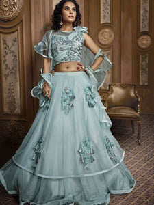 Unique Indo Western TH068 Designer Cocktail Wear Aqua Silk Net Lehenga Style Gown - Fashion Nation