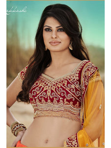 N10001 - Shaded Yellow Orange Satin Velvet Lehenga - Fashion Nation