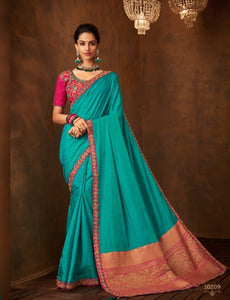 Splendid IW10209 Turquoise Blue Banarasi Pink Raw Silk Saree - Fashion Nation