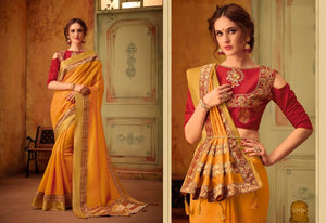 Traditional CL10426 Ethnic Yellow Cotton Maroon Silk Saree - Fashion Nation