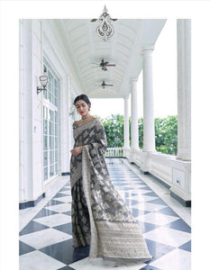 Evening Wear Grey Banarasi Cotton Lucknowi Saree with Blouse - Fashion Nation