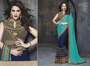 ME3710 Designer Blue Golden Net Chiffon Saree - Fashion Nation