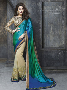 ME3717 Designer Shaded Green Blue Beige Net Chiffon Saree - Fashion Nation