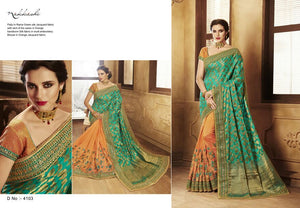 Dressy NAK4103 Nakkashi Rama Green Silk Jacquard Orange Handloom Saree - Fashion Nation