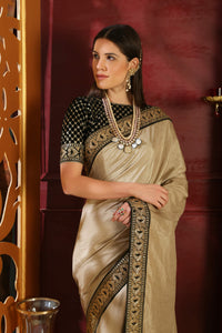 RR4106 Cocktail & Party Wear Beige Black Silk Velvet Saree - Fashion Nation