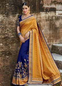 Attractive MJ46184 Bridal Blue Yellow Silk Jacquard Saree - Fashion Nation