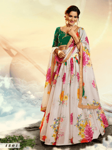 Sangeet Special White Multicoloured Organza Digital Printed Lehenga by Fashion Nation