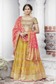 Handcrafted NAK5093 Bridal Yellow Peach Benarasi Silk Jacquard Lehenga Choli - Fashion Nation