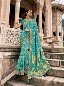 Bridal Wear Bandhej Patola Aqua Silk Saree by Fashion Nation