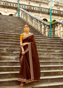 Designer Brown Linen Silk Weaving Saree & Yellow Blouse - Fashion Nation