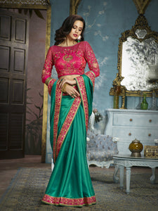 Traditional ADA505 Designer Pink Green Silk Satin Saree - Fashion Nation