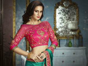 Traditional ADA505 Designer Pink Green Silk Satin Saree - Fashion Nation