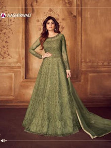 Smart ASH8246 Indo Western Green Net Silk Floor Length Anarkali Gown - Fashion Nation