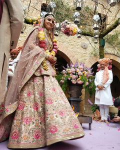 MDS821 Anushka Sharma Bollywood Inspired Peach Beige Silk Net Lehenga Choli - Fashion Nation