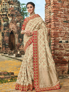 Tradiitonal BS12108 Superb Beige Red Banarasi Silk Jacquard Saree - Fashion Nation