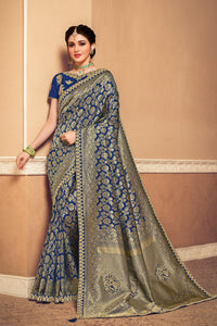 Designer Blue Olive Banarasi Silk Jacquard Party Wear Saree - Fashion Nation