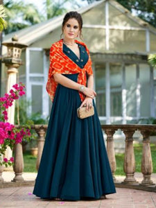 Marvellous CHE25004 Indo Western Blue Silk Floor Length Gown - Fashion Nation