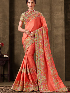 Marriage Function Wear Peach Silk Saree with Golden Blouse - Fashion Nation
