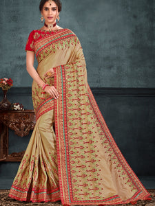 Celebrations Wear Beige Silk Saree with Red Blouse - Fashion Nation