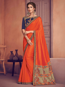 Mehndi Special Orange Silk Jacquard Saree with Blouse by Fashion Nation