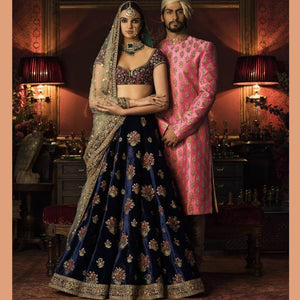 Designer JN02 Wedding Wear Navy Blue Cream Satin Silk Net Lehenga Choli - Fashion Nation