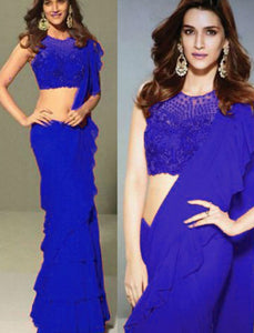 Kriti Sanon KF3632 Bollywood Inspired Blue Georgette Silk Net Ruffle Saree - Fashion Nation