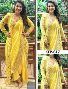 Kajol KF3716 Bollywood Inspired Yellow Georgette Silk Saree with Koti - Fashion Nation