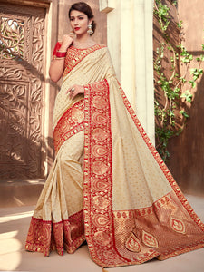 Festive NJ10176 Splendid Off-White Golden Red Silk Jacquard Saree - Fashion Nation