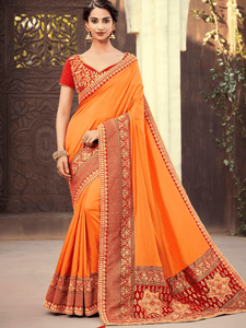 Shaadi Special Orange Silk Jacquard Ethnic Saree with Blouse by Fashion Nation