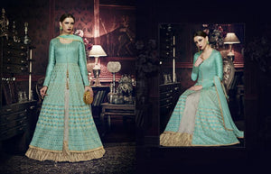 Attractive Indo Western PRM9197 Aqua Blue Grey Silk Anarkali with Lehenga - Fashion Nation