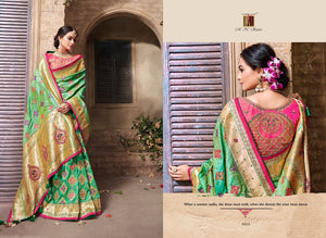 Alluring MN4414 Gorgeous Green Pink Benarasi Silk Saree - Fashion Nation