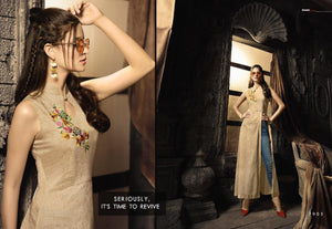 Indo Western MAI7903 Readymade Beige Linen Cotton Front Slit Long Dress - Fashion Nation