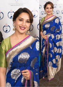KH13280 Madhuri Dixit Bollywood Inspired Blue Silk Saree - Fashion Nation