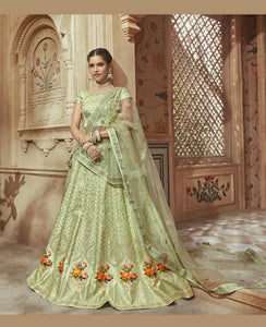 Unique MN4602 Bridal Green Multicoloured Silk Satin Lehenga Choli - Fashion Nation