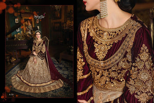 Indo Western SY73 Partywear Beige Burgundy Velvet Net Silk Anarkali Gown - Fashion Nation