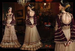 Indo Western SY73 Partywear Beige Burgundy Velvet Net Silk Anarkali Gown - Fashion Nation