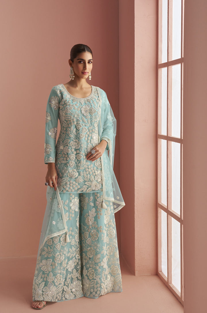 floral net partywear designer palazzo kurti set