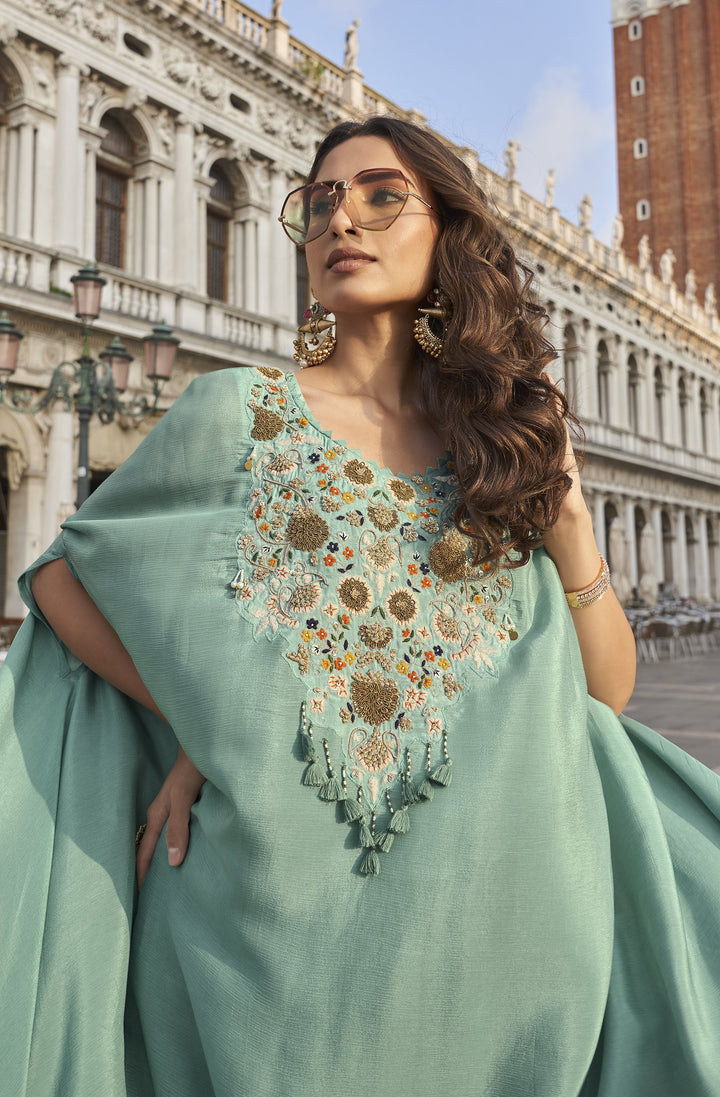 sea green skewed kaftan palazzo crepe fusion partywear