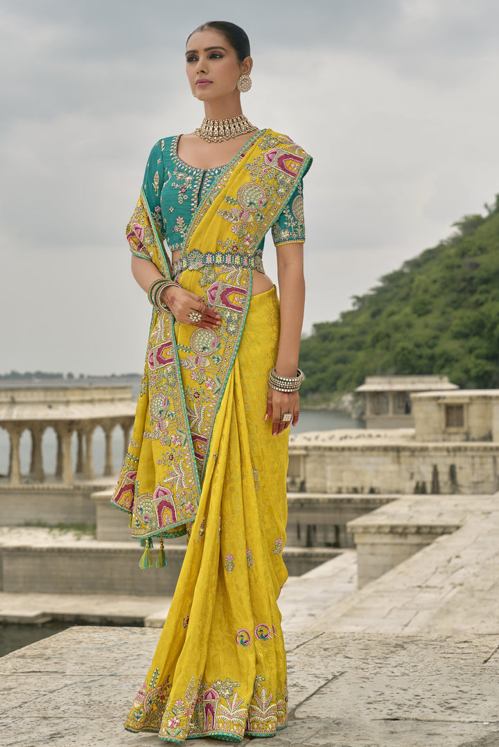 shaadi function wear jacquard saree in yellow