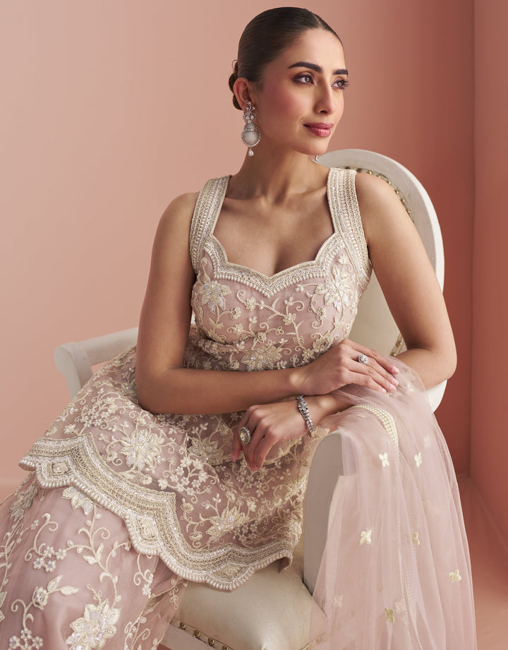 pearls embroidered net palazzo fusion suit in pink