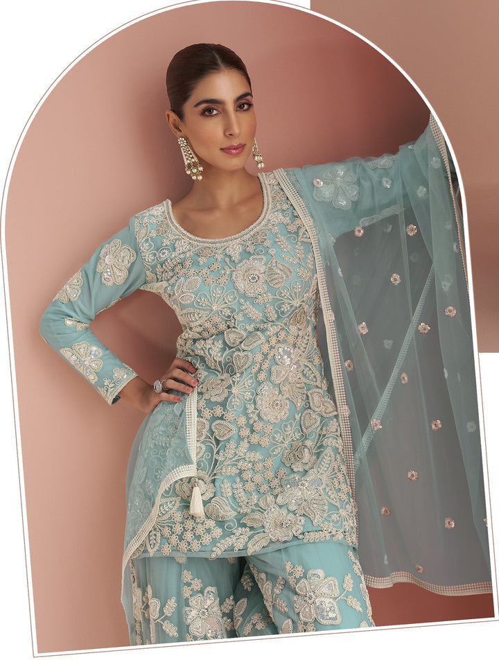 afternoon partywear fashionable net sharara set