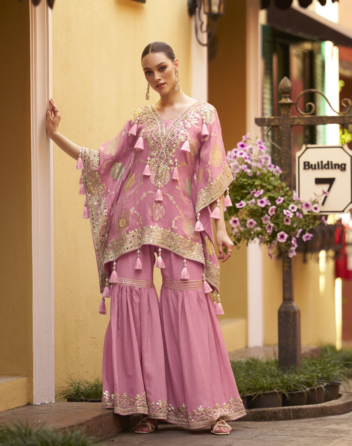 all occasions wear skewed kaftan gharara suit in pink