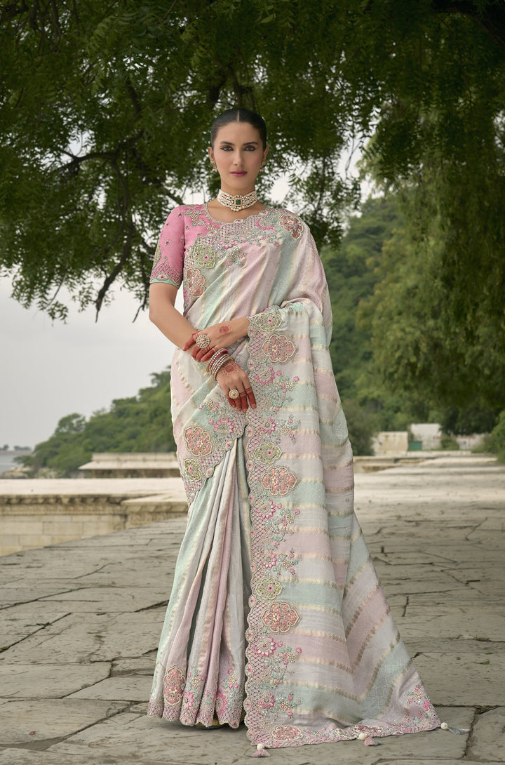 celebrations wear shaded pastel sari with contrast blouse