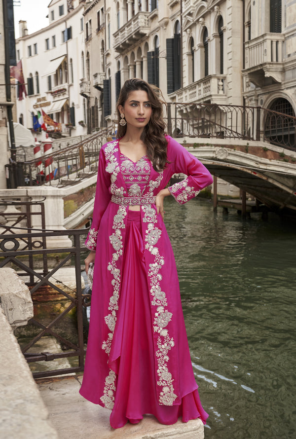 celeb style 4 piece designer suit with crop top belt cape and bottom 