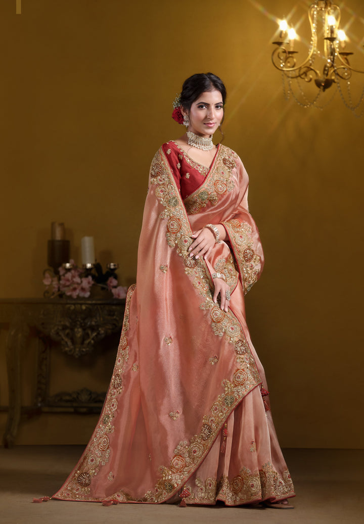 bridesmaid wear designer sari with contrast blouse